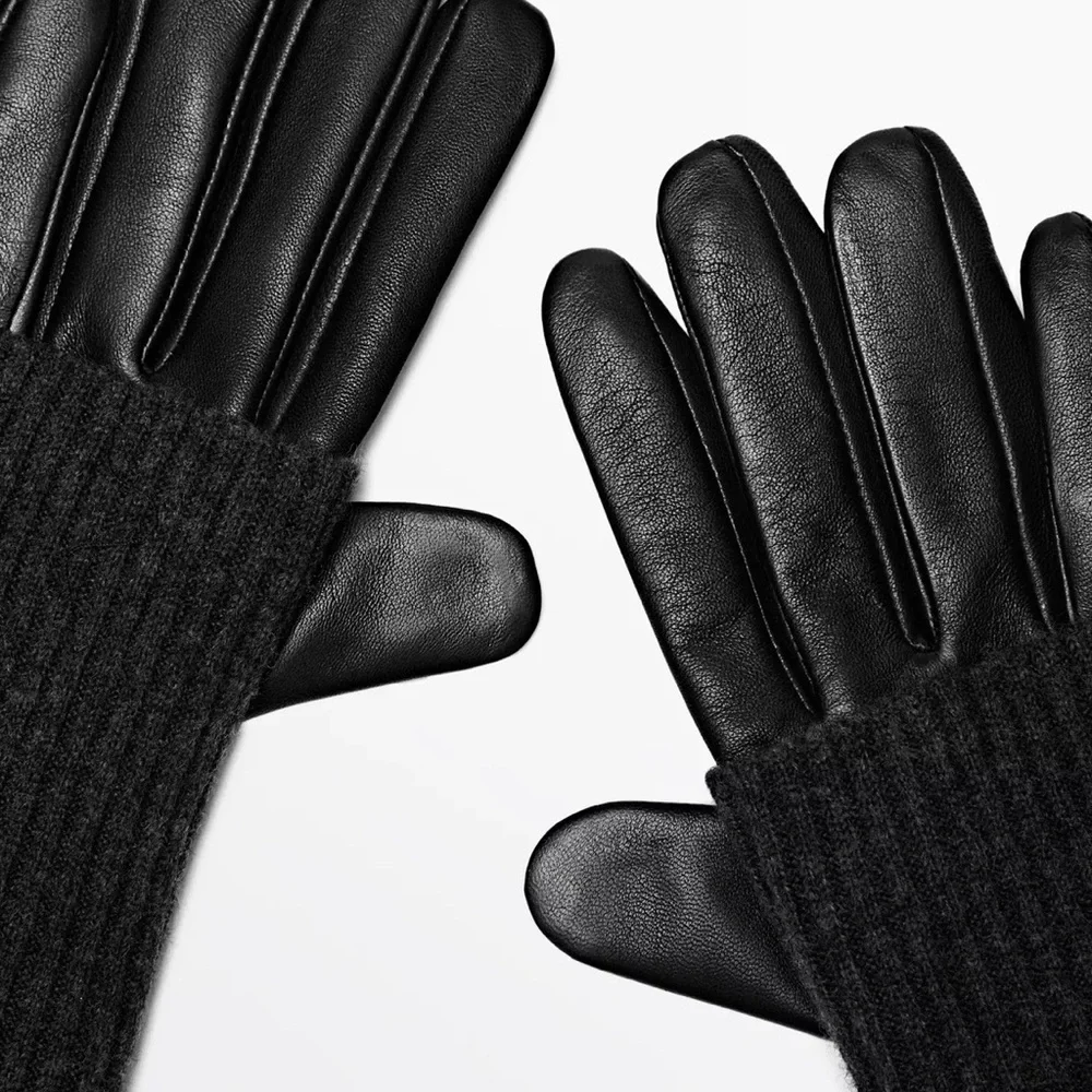 Steve Madden Faux Leather & Charcoal Knit Contrast Gloves